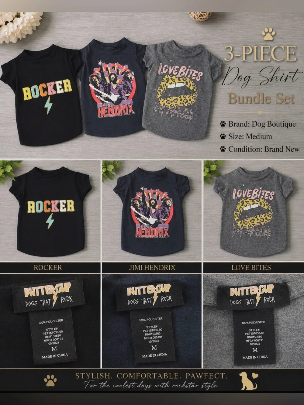 3-Piece Dog Rock-Band Shirts Bundle Set | Luxury T-Shirts | Size: Medium | NWT